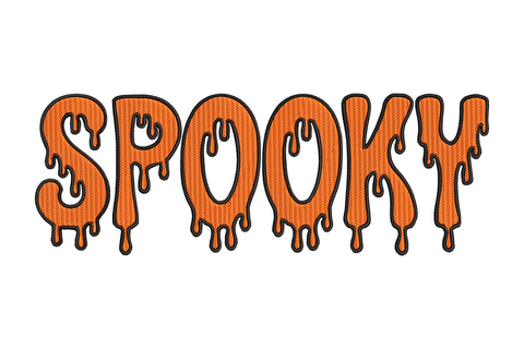 Dripping spooky block lettering embroidery design with thick distressed drip forms under each character, two colours, dense fill, 3.51 by 1.26 inches wide, horror text style.