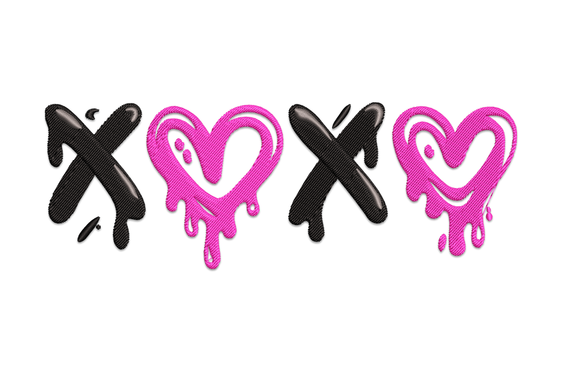 Dripping XOXO heart embroidery design, wide horizontal heart with bold XOXO lettering and paint drip effect, 3 colours, valentines streetwear style