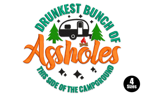Round campground humor badge embroidery design with teal arched text, orange script lettering, teardrop camper, pine trees and campfire, 5 to 8 inch sizes