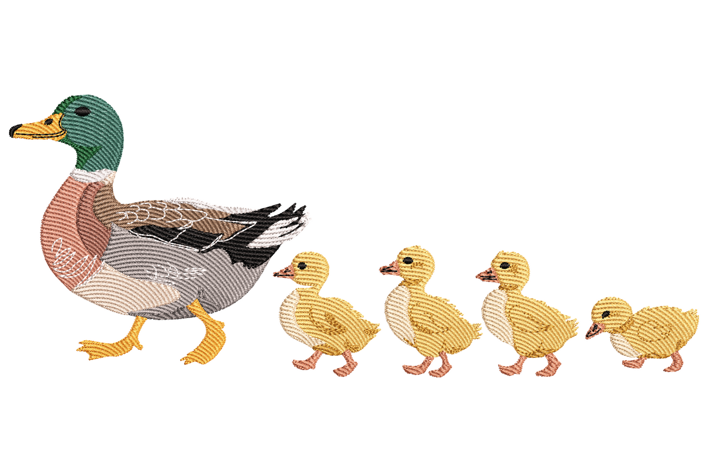 Duck family walking embroidery design with a green-headed mallard mother leading four fluffy yellow ducklings in a row.
