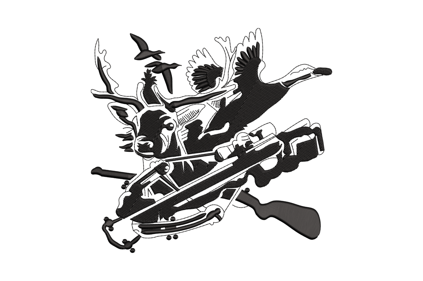 Duck hunting crossbow silhouette embroidery design, elk head, crossbow, duck and rooster action burst, 4 sizes up to 6 by 6.5 inches