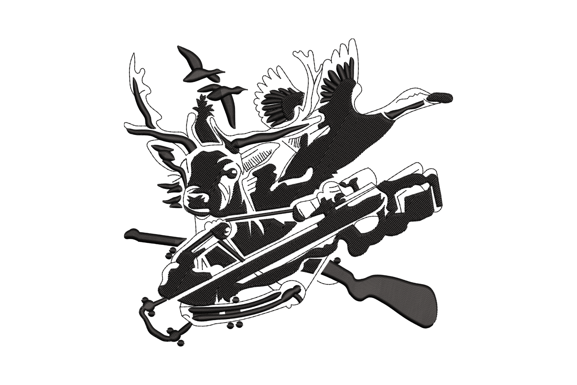 Duck hunting crossbow silhouette embroidery design, elk head, crossbow, duck and rooster action burst, 4 sizes up to 6 by 6.5 inches