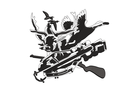 Duck hunting crossbow silhouette embroidery design, elk head, crossbow, duck and rooster action burst, 4 sizes up to 6 by 6.5 inches