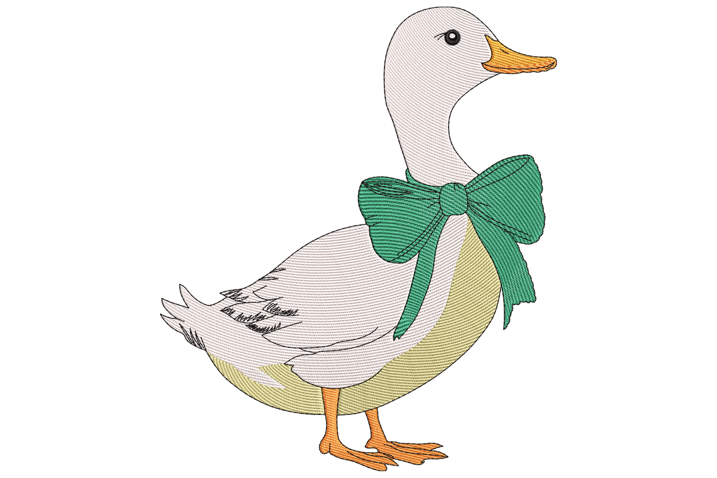White duck embroidery standing in profile with an oversized teal green bow at the neck, orange bill and feet, black outline detail.