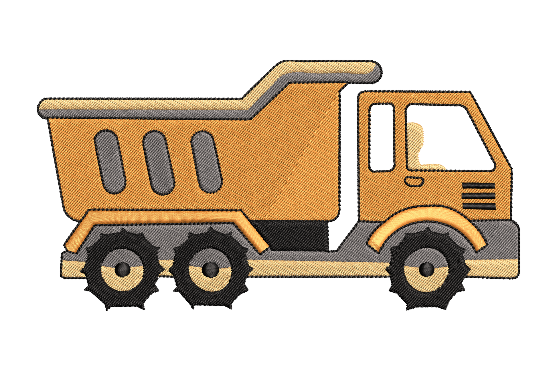 Machine embroidery design of a cartoon dump truck in side profile with raised bed, orange and grey solid fill and black outline, 4 colors