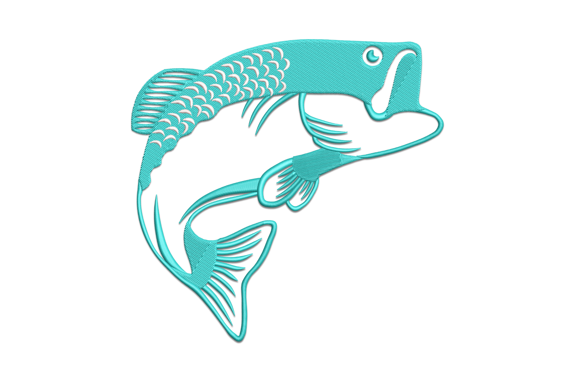 Dynamic largemouth bass fish embroidery design in olive green and cream, fish mid-leap with open mouth and spread tail fin