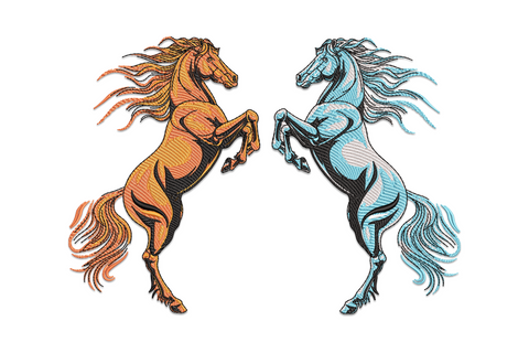 Dynamic dual horse embroidery design showing two galloping horses side by side with manes flowing, in rich directional stitch fill on denim fabric