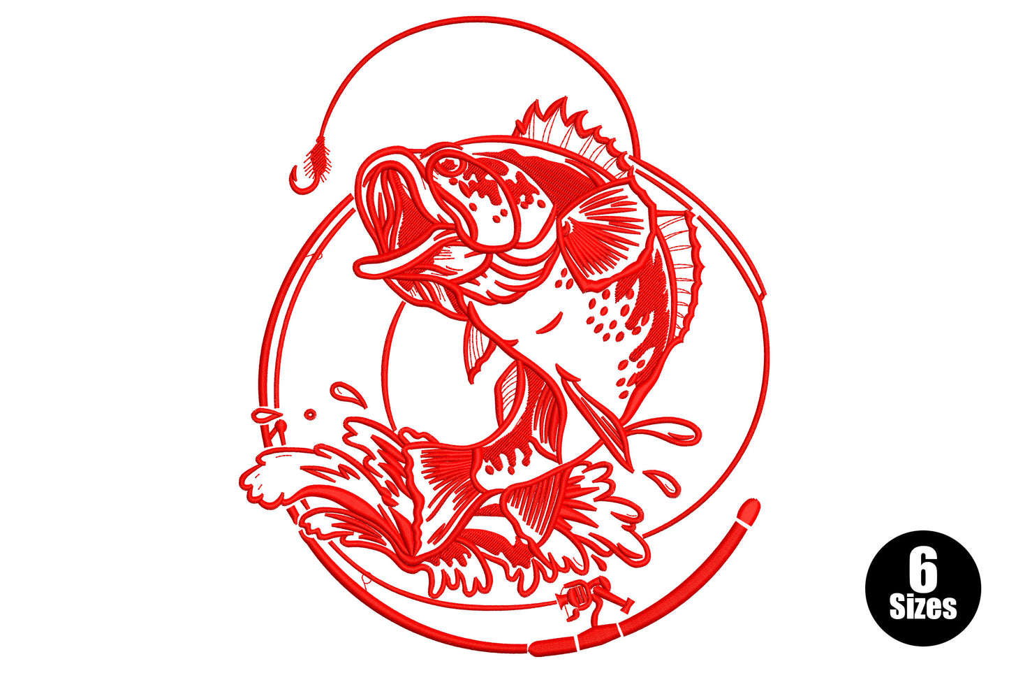 Largemouth bass leaping inside a circular fishing rod border, red line-art single-colour embroidery, 4-9 inch sizes.