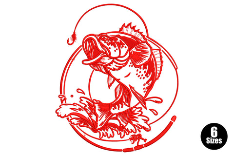 Largemouth bass leaping inside a circular fishing rod border, red line-art single-colour embroidery, 4-9 inch sizes.