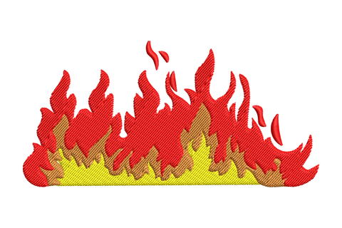Vertical tribal flame embroidery in three orange tones, deep red base climbing into bright yellow tip with curling outward tongues, bold modern silhouette.