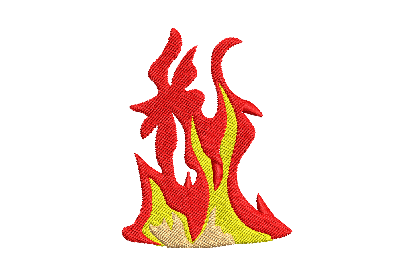 Cartoon flame embroidery with red outline, bright yellow inner core and small sand cream log nub at base, leaning left.