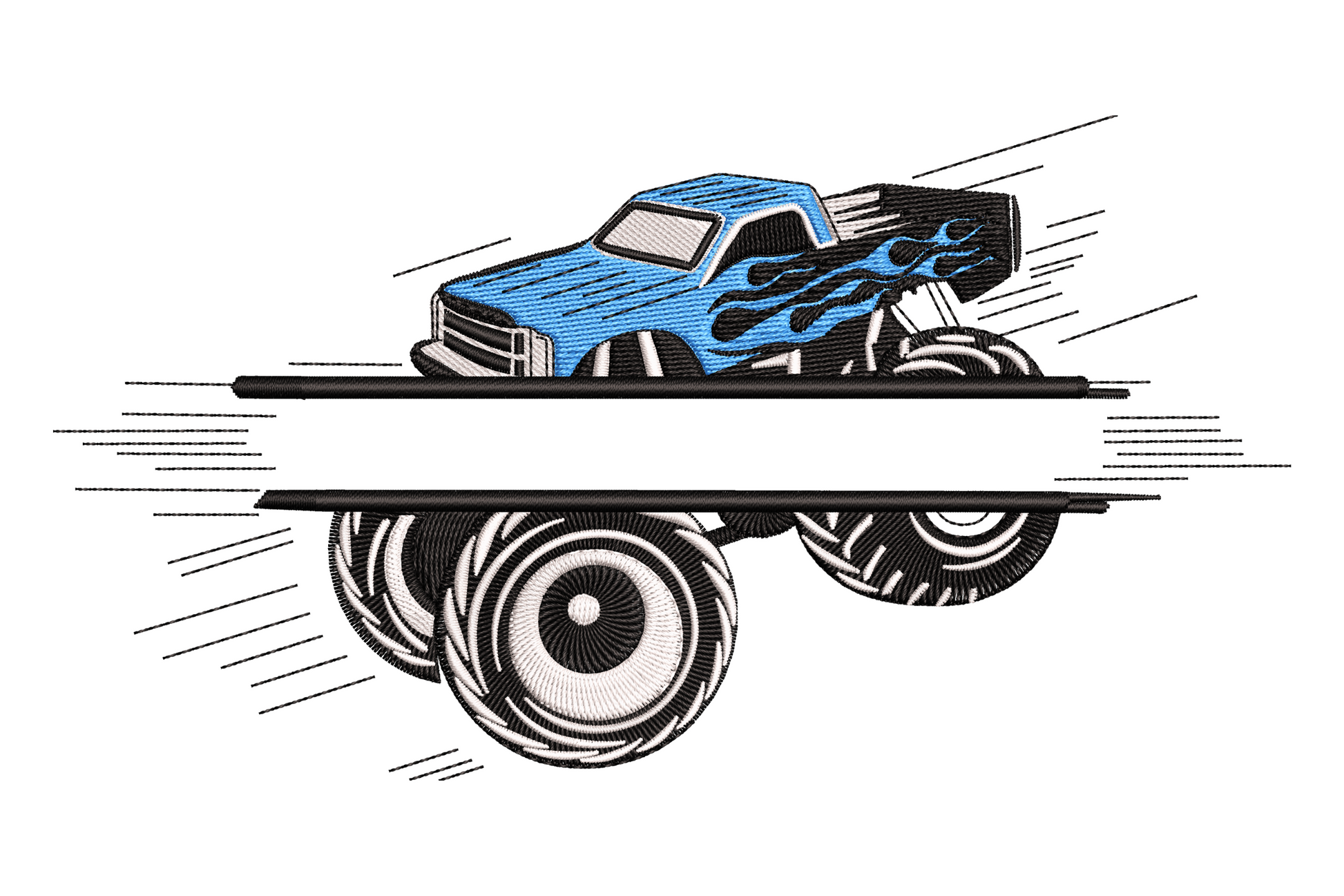 Monster truck embroidery side view, blue cab with black flame decals, oversized tyres, speed lines and dirt splash
