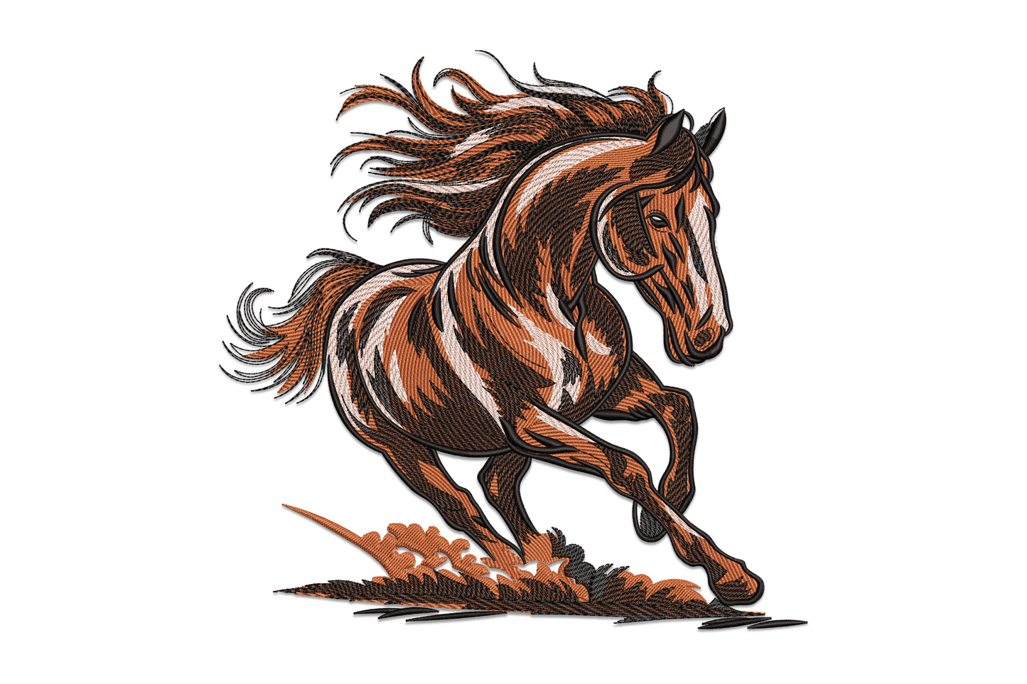 Running horse embroidery design, galloping horse in full stretch side profile, chestnut brown with flowing mane, three-colour dynamic equestrian motif.