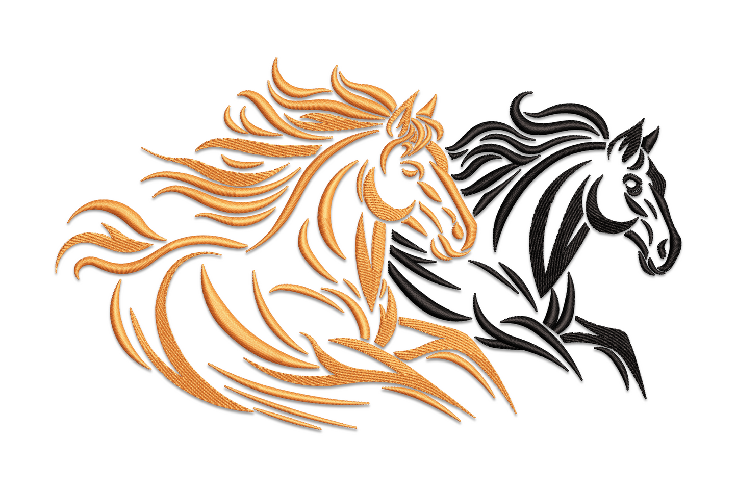 Two running horses embroidery design, orange and black, wide landscape format, dynamic motion, equestrian design.