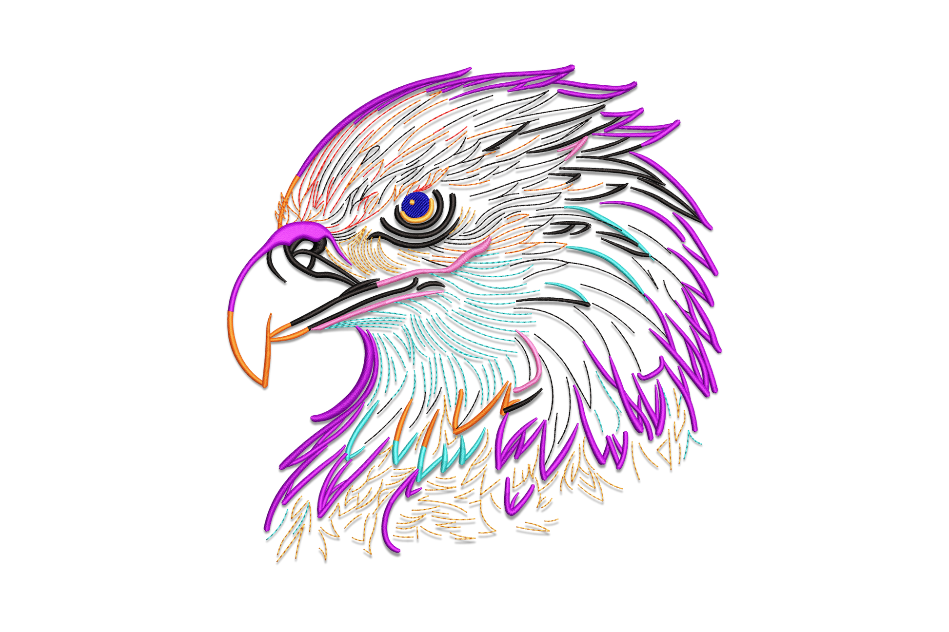 Eagle head line art embroidery design with detailed feather fill, 8 colours, 5 sizes 3.5 to 7.5 inches