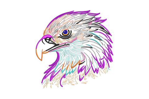 Eagle head line art embroidery design with detailed feather fill, 8 colours, 5 sizes 3.5 to 7.5 inches