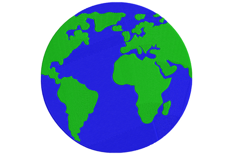 Earth globe embroidery design with cobalt blue oceans and dark green continents, clean flat tatami fill, no outlines, bold and geographic.