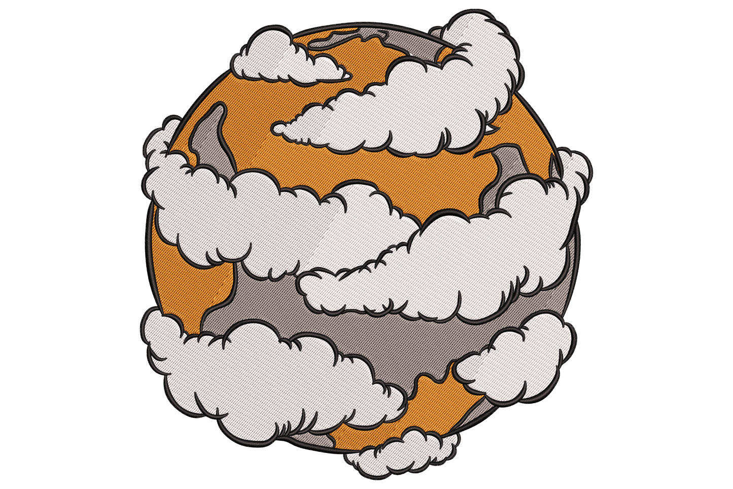 Earth globe embroidery wrapped in chunky white clouds, orange continents and grey ocean peeking through, retro halftone with black outline.