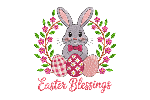 Easter-themed design with a rabbit, eggs, and flowers on a white background