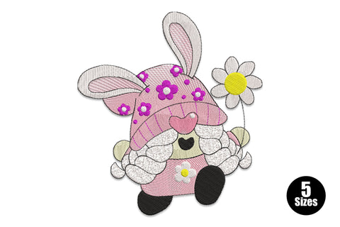 Easter bunny gnome embroidery design with pink flower-dot hat, floppy bunny ears, white fluffy beard and a daisy