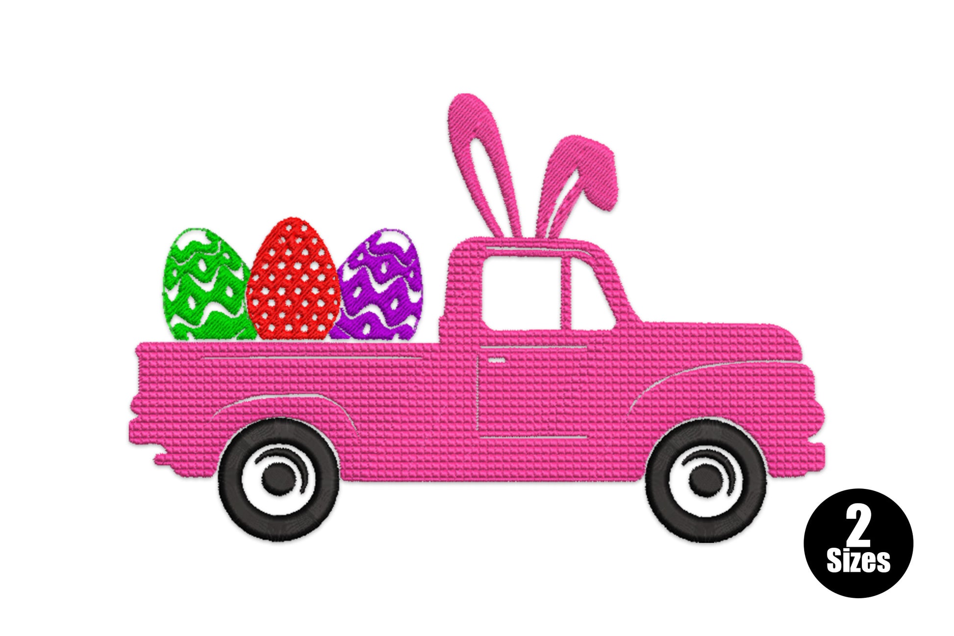 Easter bunny truck embroidery design showing a hot pink pickup truck with bunny ears carrying three decorated Easter eggs in the truck bed.