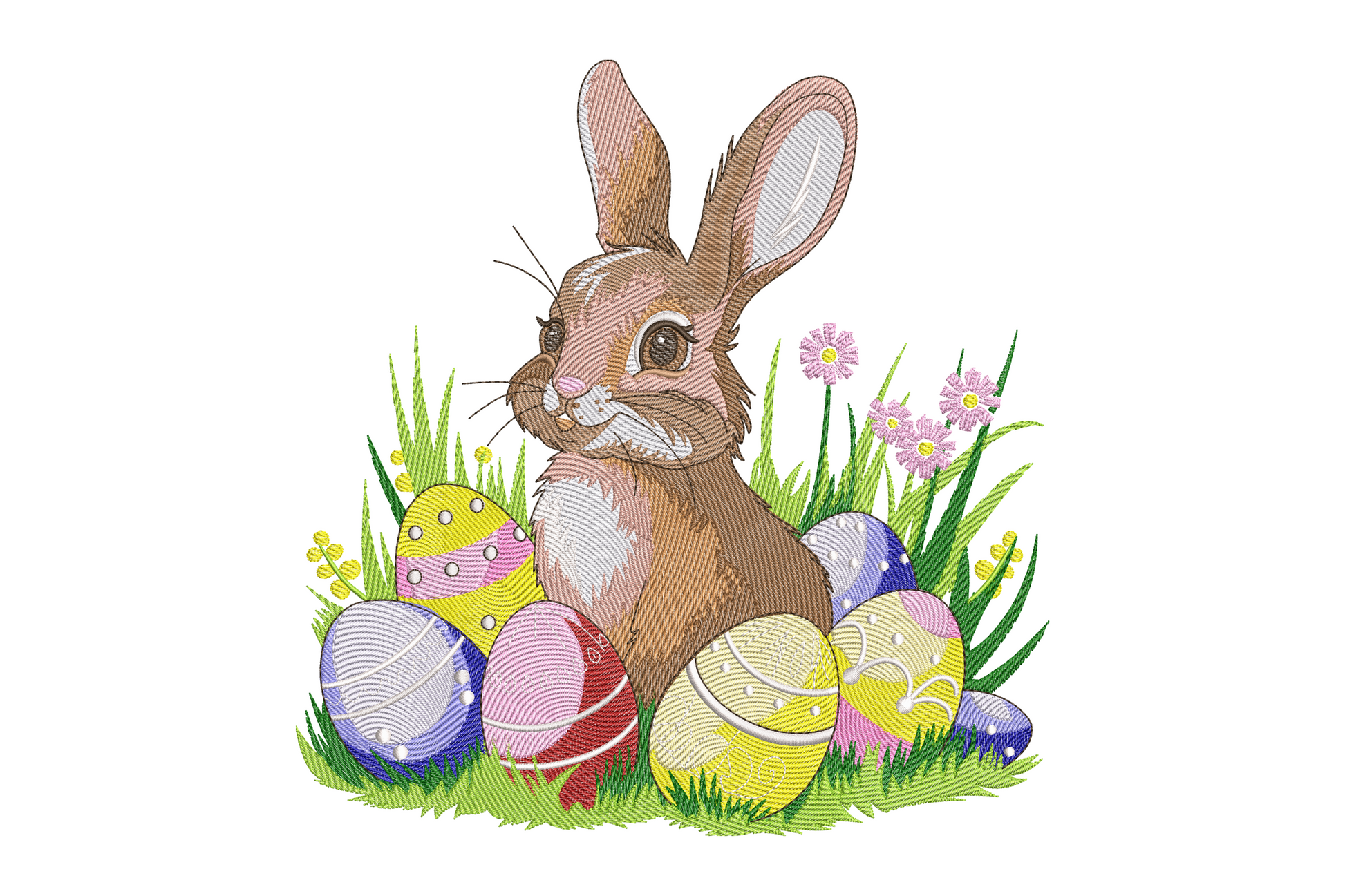 Easter bunny embroidery design with colorful decorated pastel eggs and pink daisies in green grass, detailed fur texture