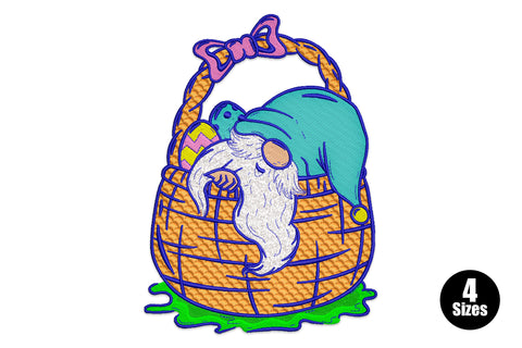 Easter gnome basket embroidery design with a gnome in a teal hat peeking from an orange woven basket with pink bow and yellow Easter egg.