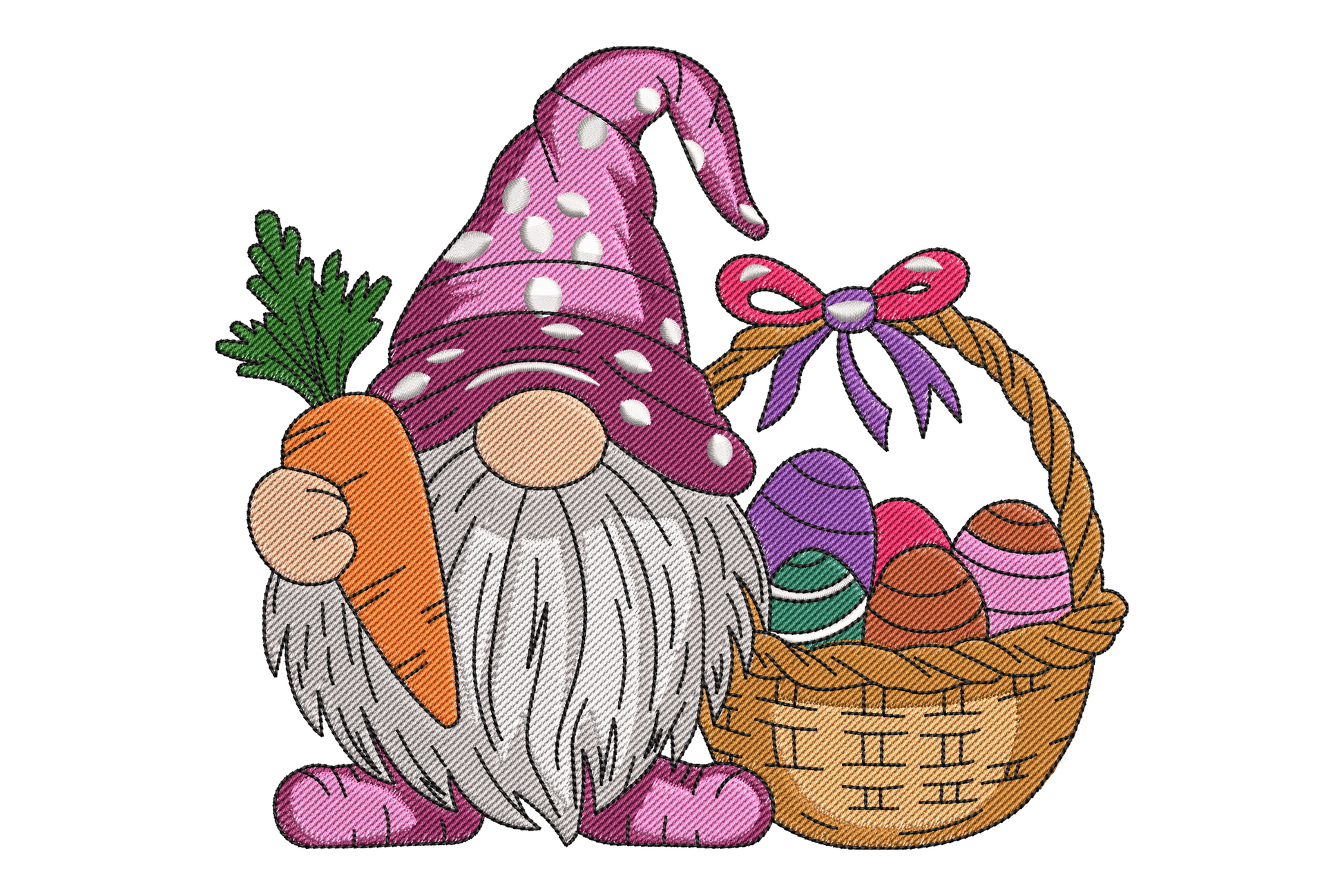 Easter gnome with carrot and basket embroidery design, pink polka-dot hat and grey beard, colourful Easter eggs in wicker basket.