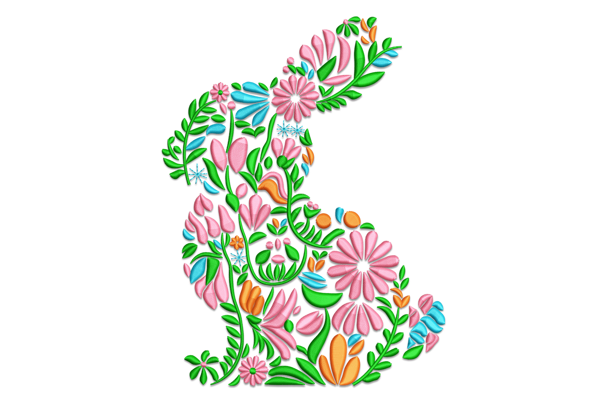 Easter bunny silhouette filled with folk-style pink, orange and green flowers, deep green outline, flat graphic style