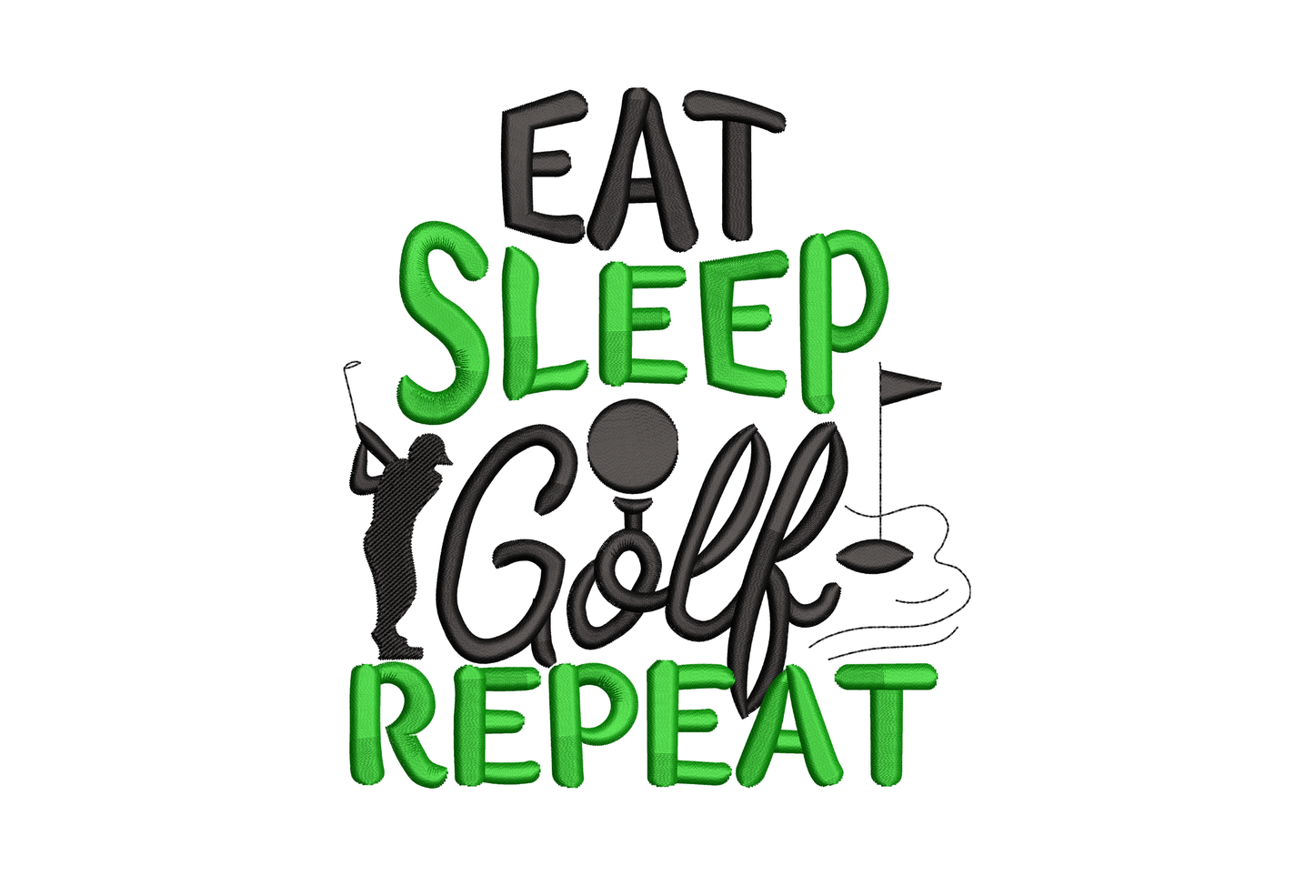 Eat Sleep Golf Repeat embroidery badge with black block EAT SLEEP REPEAT lettering, dark green Golf script and tiny golfer silhouette.