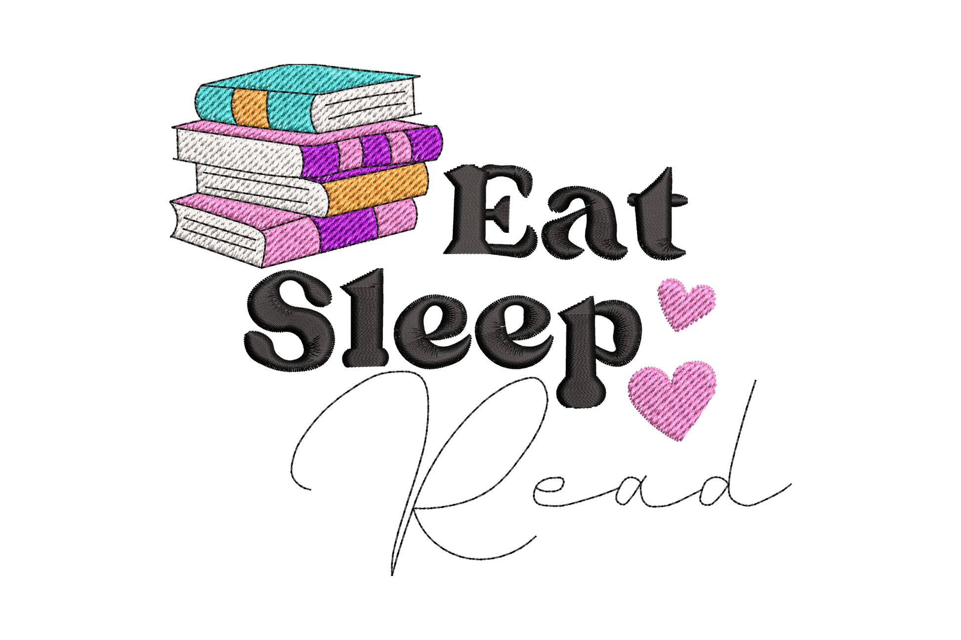 Eat Sleep Read embroidery design with colorful book stack illustration, bold serif and flowing cursive lettering, 6 color bookworm design