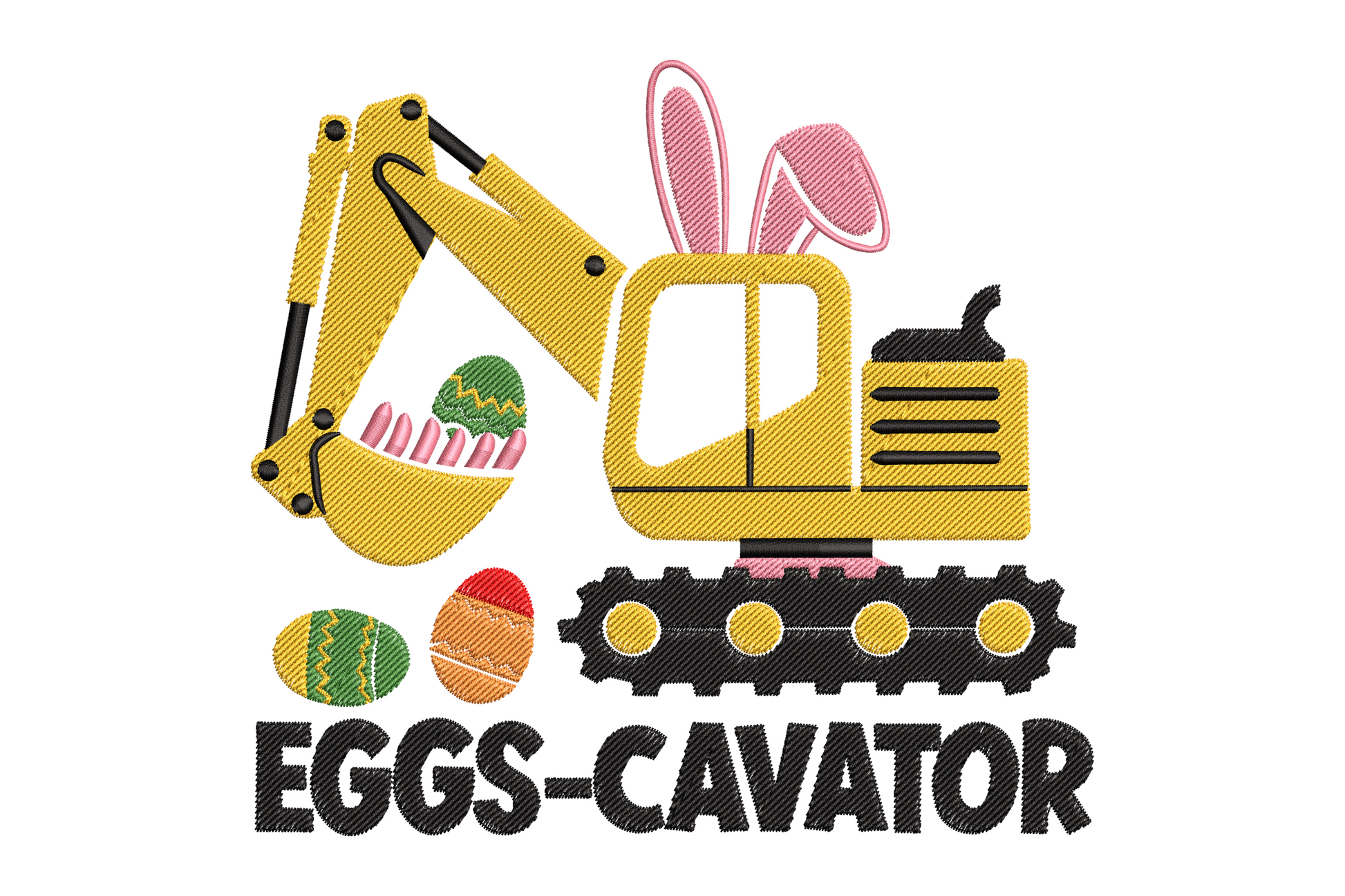 Easter excavator embroidery design with tangerine construction machine scooping pastel pink, mint and lavender eggs.