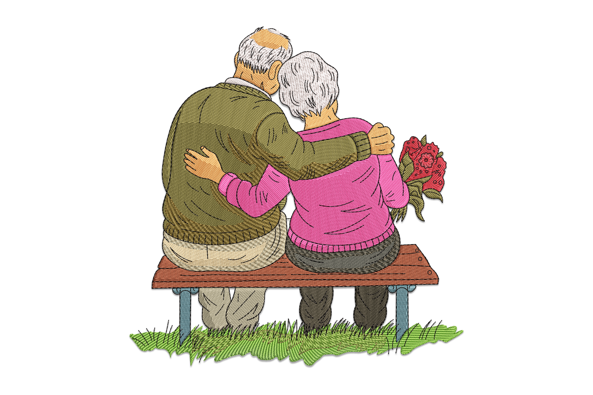 Elderly couple love embroidery design showing two people from behind on a wooden park bench, arms around each other, woman holding red flowers, in olive green and pink sweaters.