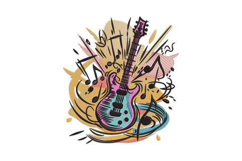 Electric guitar embroidery design with bold colourful paint splash background in red, yellow, teal and purple, rock music graphic style