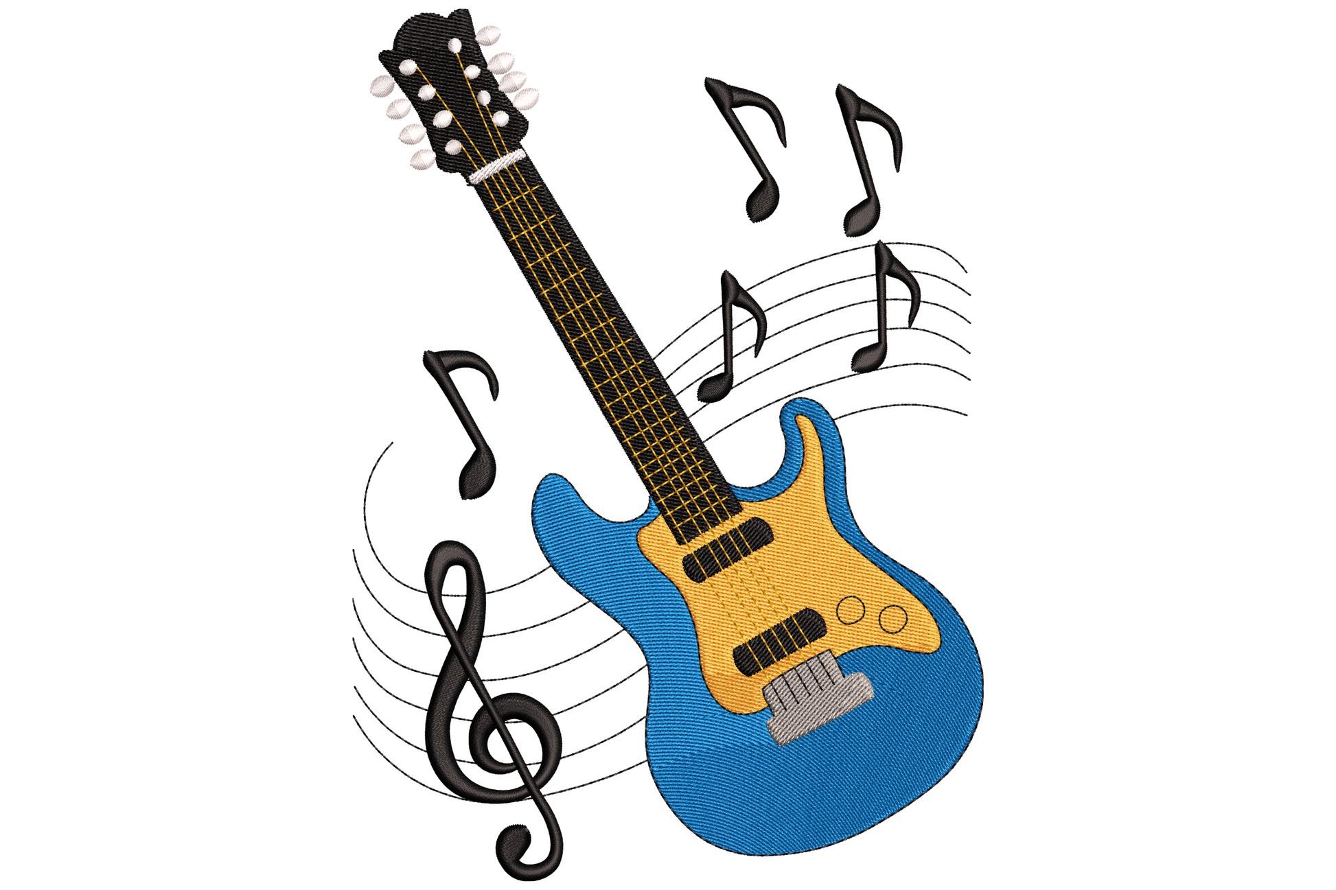 Electric guitar with music notes embroidery design, charcoal guitar body angled with floating black music notes, 6 colours.