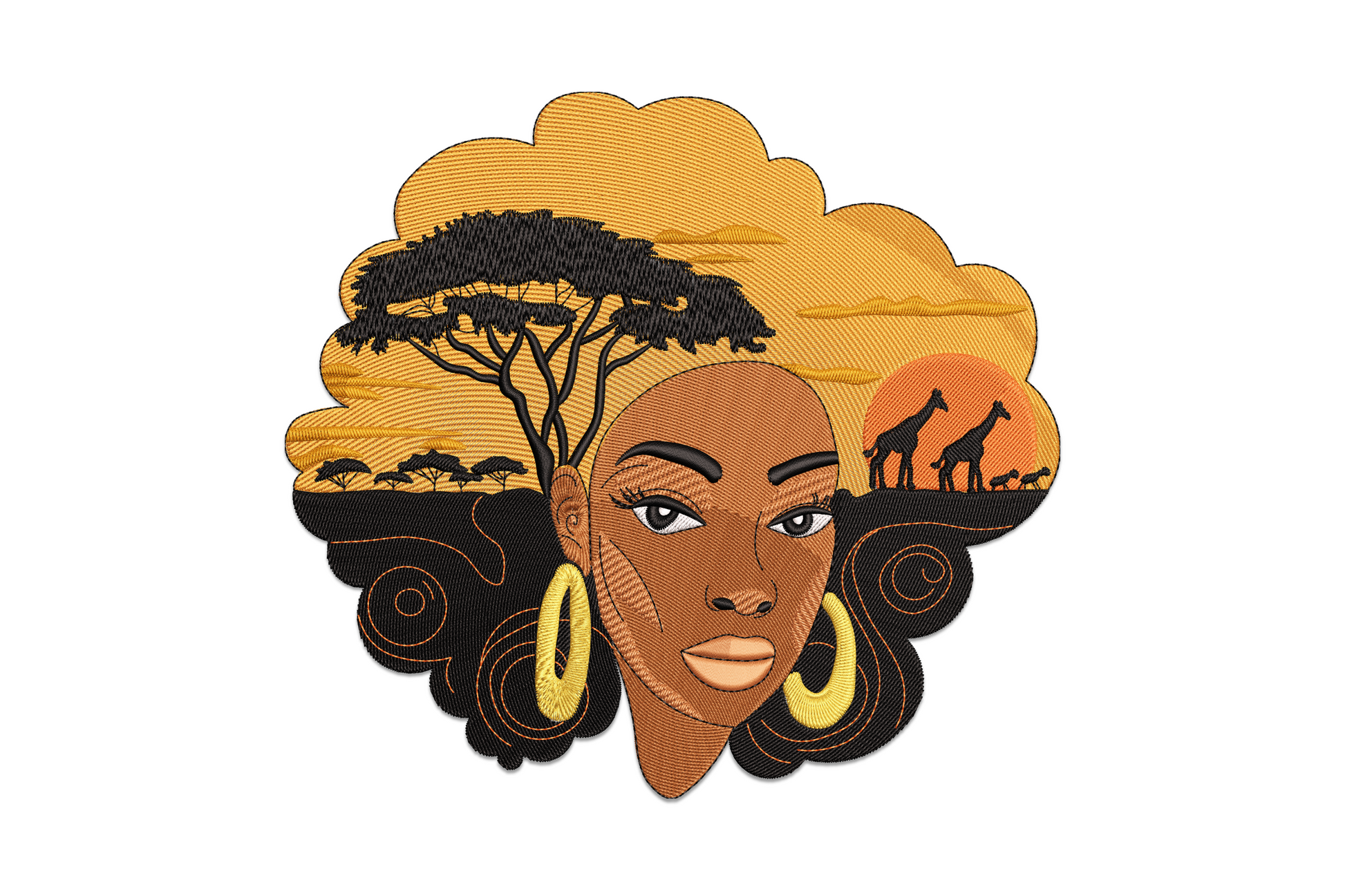 Elegant African woman embroidery, portrait with afro hair containing savanna scene, acacia tree, giraffes and orange sunset.