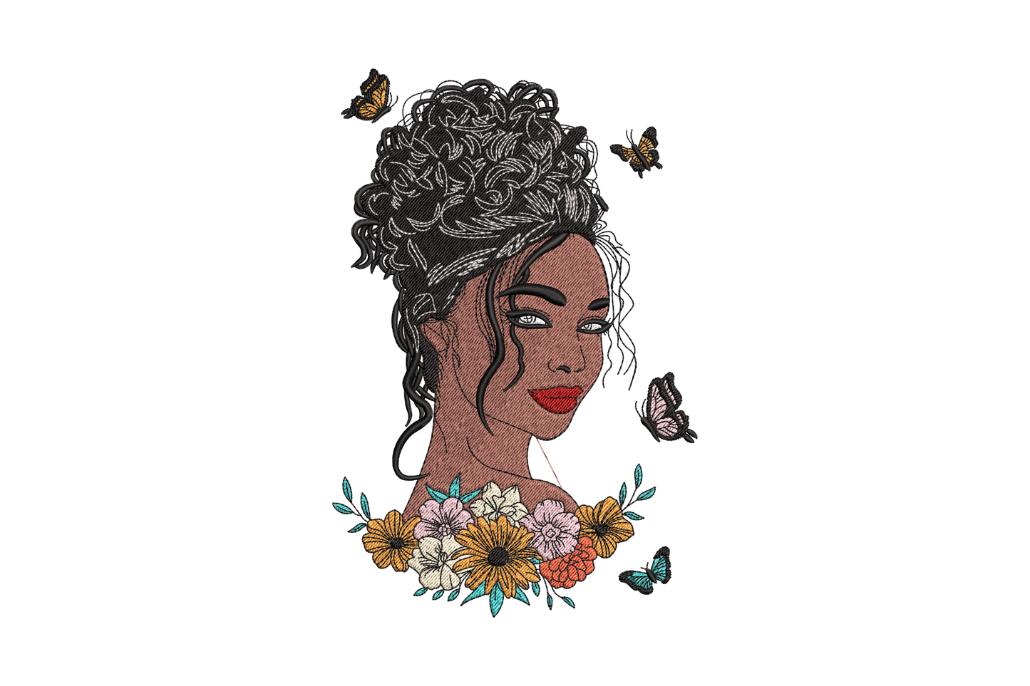 African woman portrait embroidery design, curly updo with three butterflies and orange and pink flower bouquet at neckline.