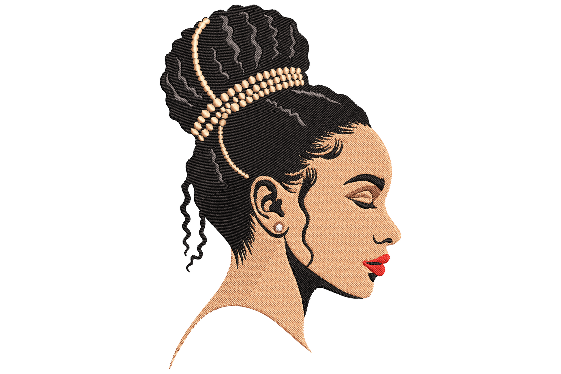 Side profile portrait of an elegant African woman with textured updo, pearl headband, ruby red lips and gold hooped earring.
