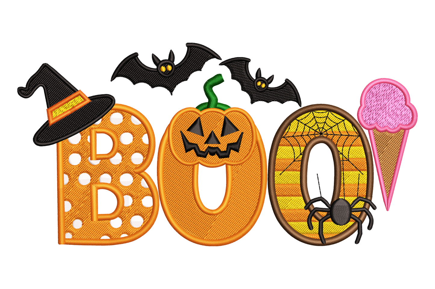 Elegant BOO text with intricate filigree flourishes and 12-colour jewel tone fills, gothic decorative style, 3.51 inch wide halloween machine embroidery design