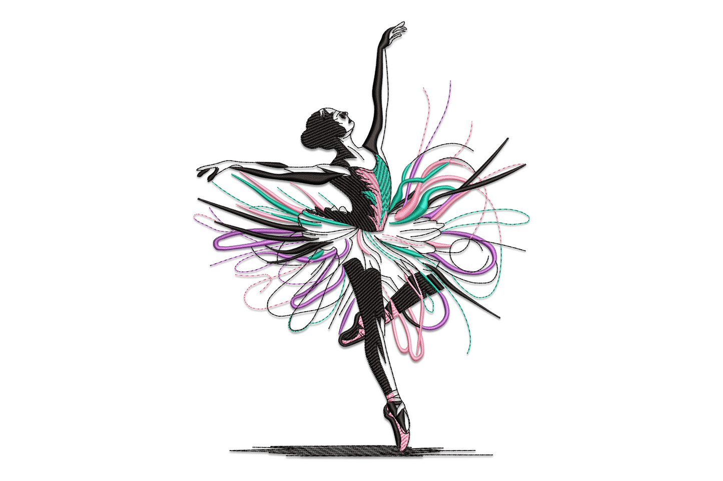 Elegant ballerina embroidery, black silhouette dancer en pointe with teal, purple and pink ribbon arcs.