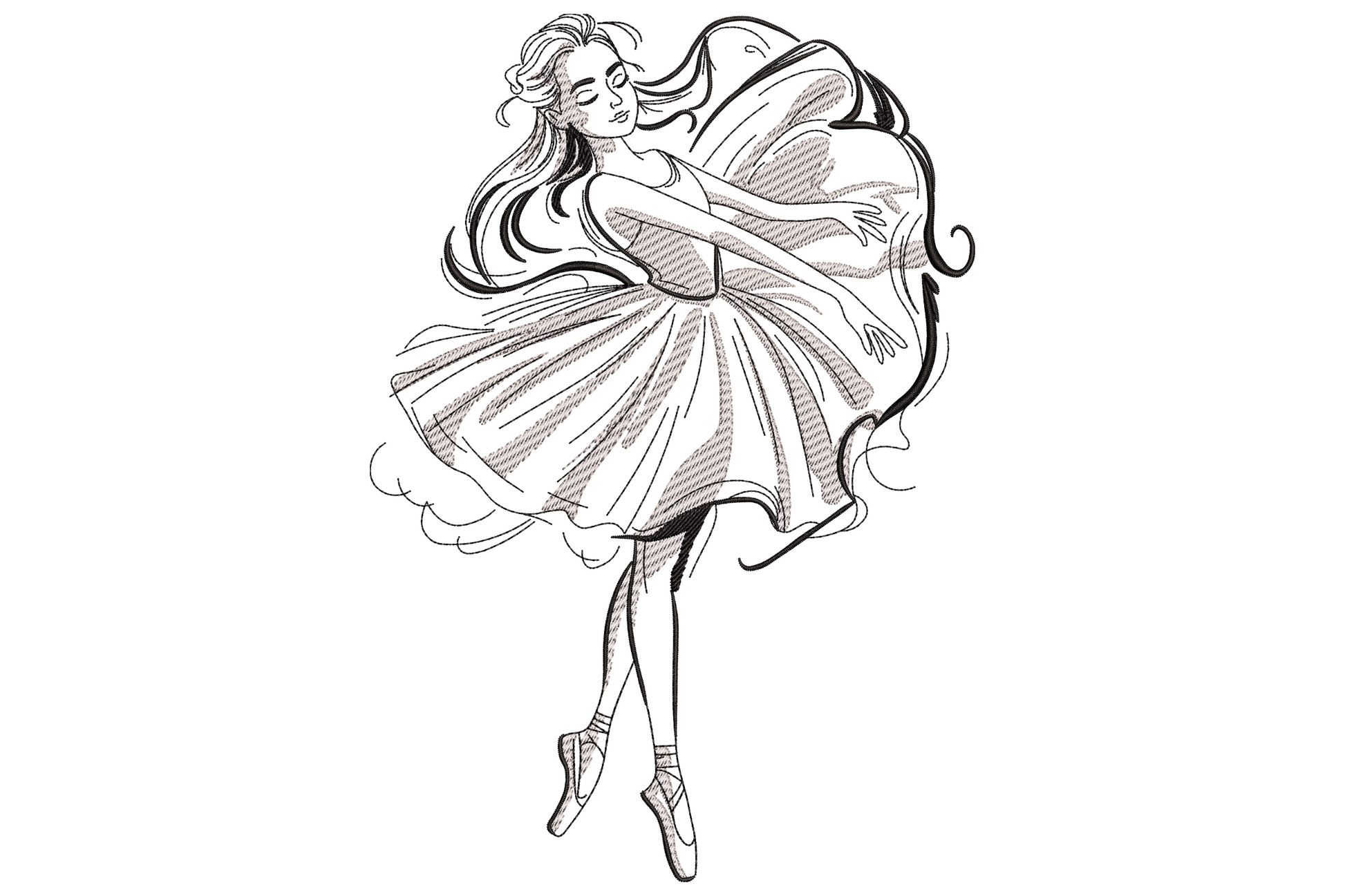 Elegant ballerina sketch embroidery design with single-line flowing arabesque figure, 2 colours, gestural line art style.