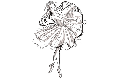 Elegant ballerina sketch embroidery design with single-line flowing arabesque figure, 2 colours, gestural line art style.
