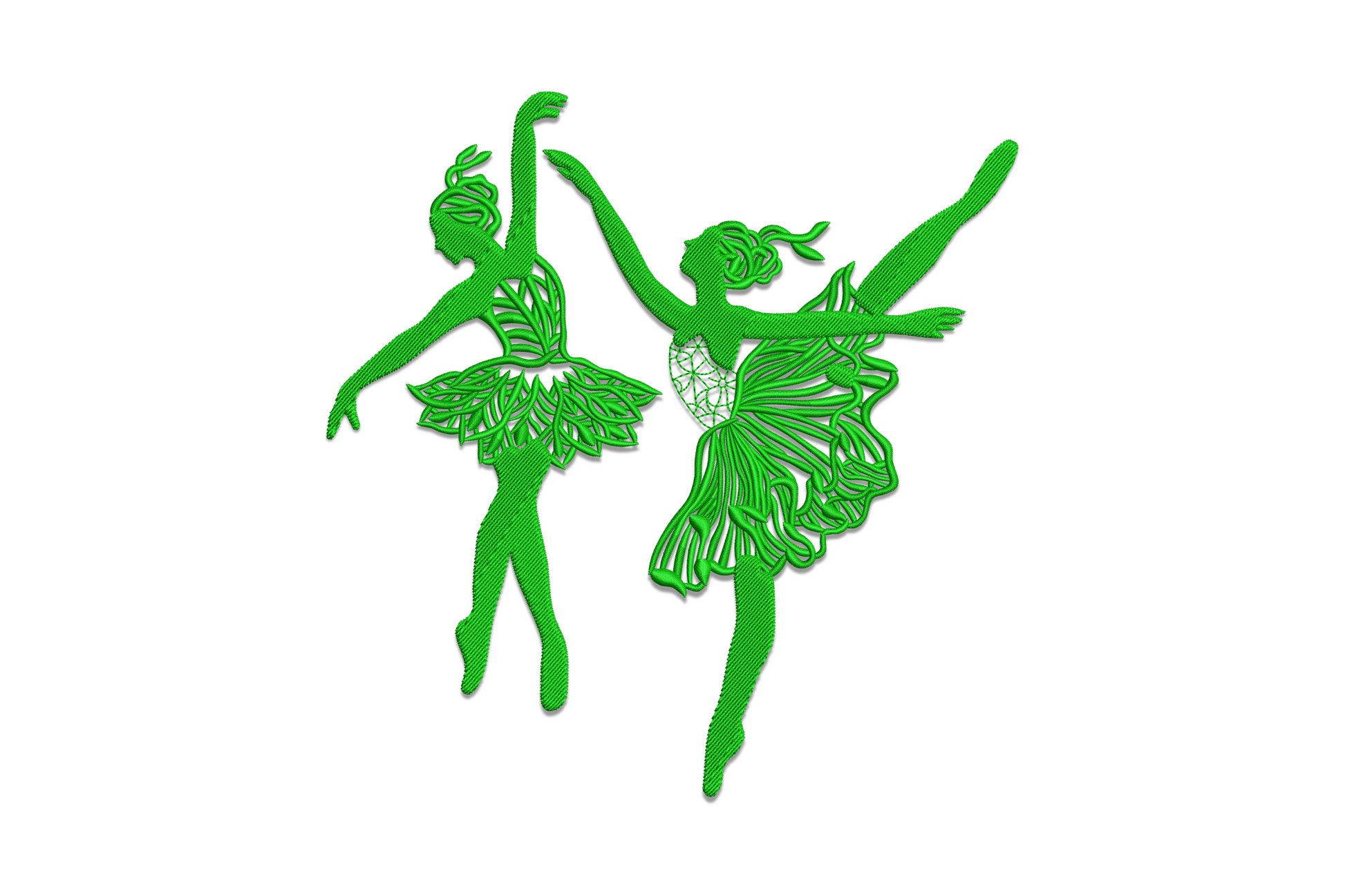 Two ballet dancer silhouettes in arabesque pose, satin stitch embroidery design on blush canvas with dusty rose thread.