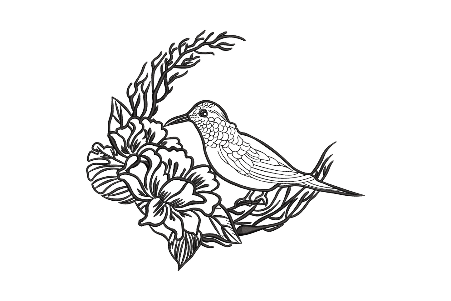 Black line art embroidery of a small bird perched on a crescent floral wreath of large open blooms and bare twisting twigs