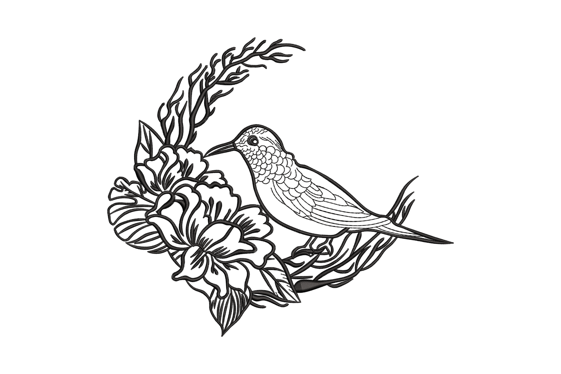 Black line art embroidery of a small bird perched on a crescent floral wreath of large open blooms and bare twisting twigs