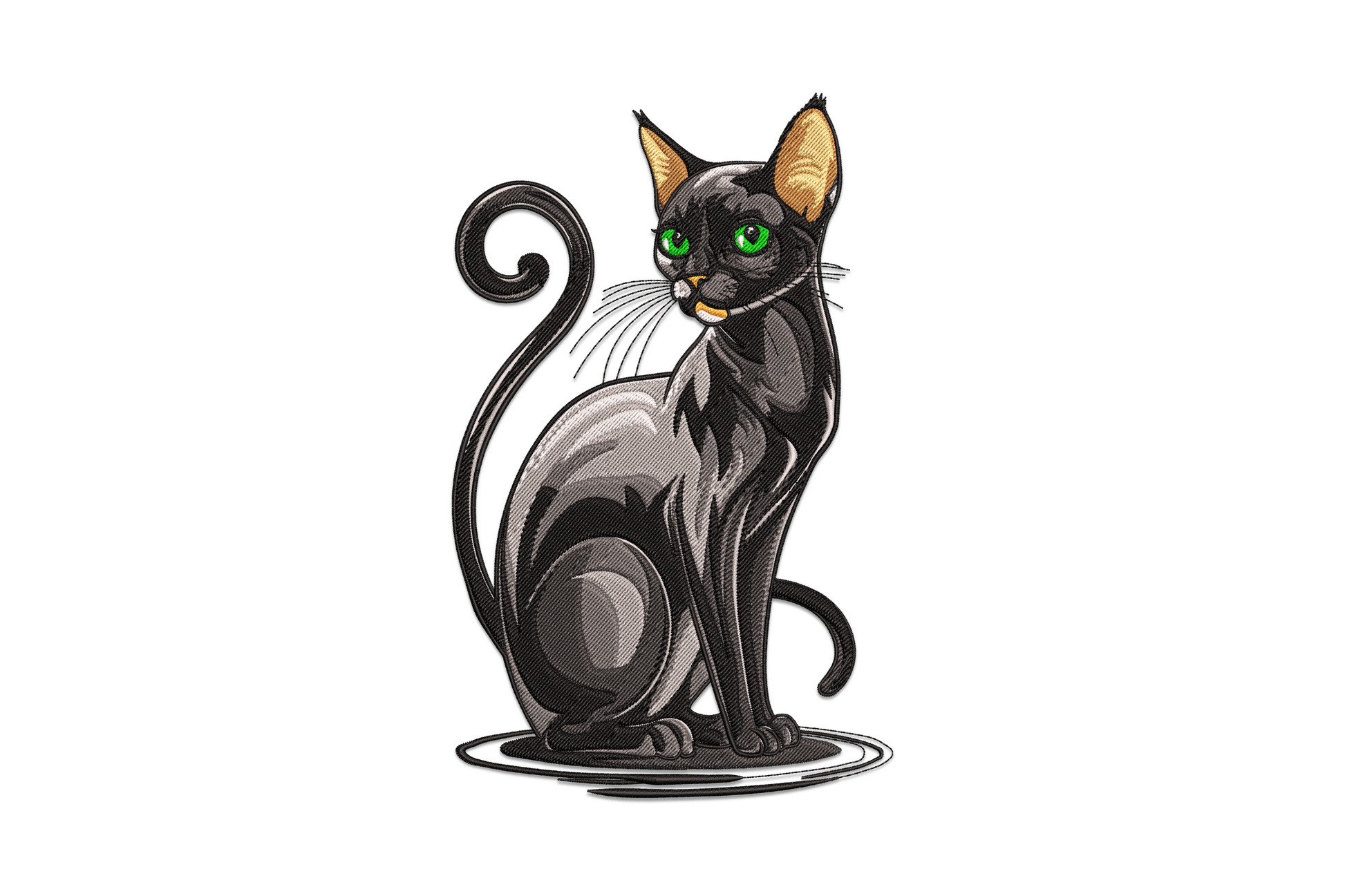 Elegant seated black cat machine embroidery design, 10 colours, refined art-deco style with amber eye detail and directional fur shading
