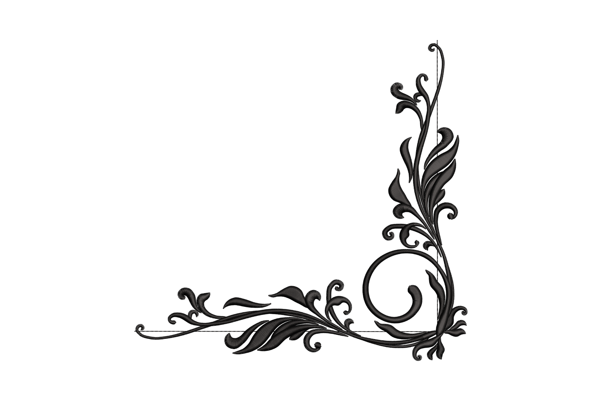 Elegant black floral corner scroll embroidery design with bold gothic scroll arms and large floral centre joint in matte black thread, machine embroidery instant download.
