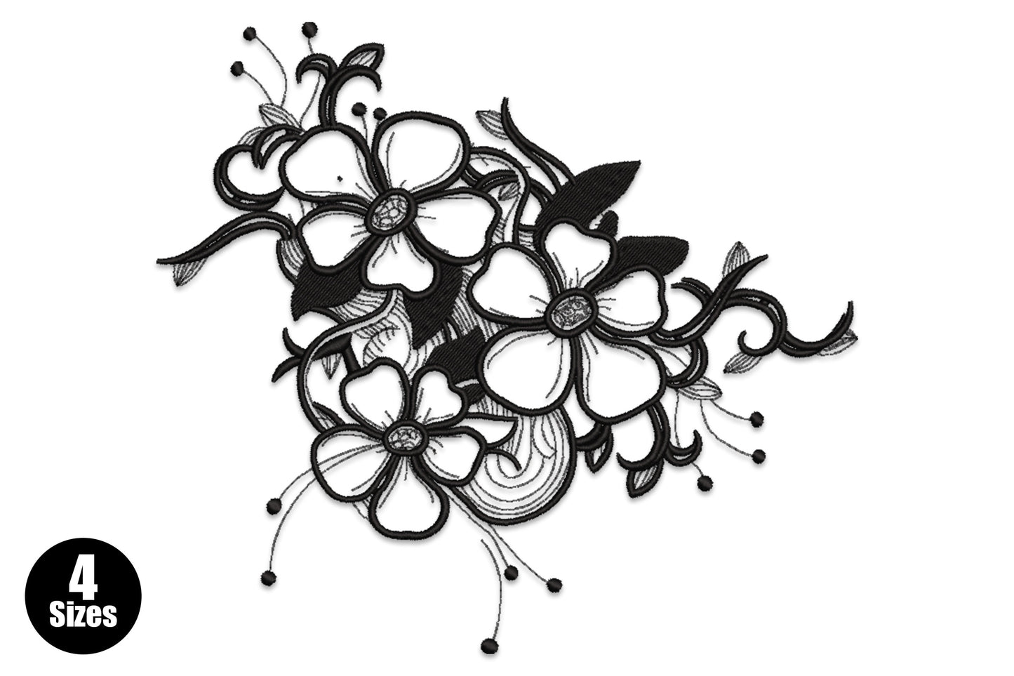 Elegant black floral line art embroidery design with three open five-petal flowers, curling vine tendrils and crosshatch-shaded leaves.