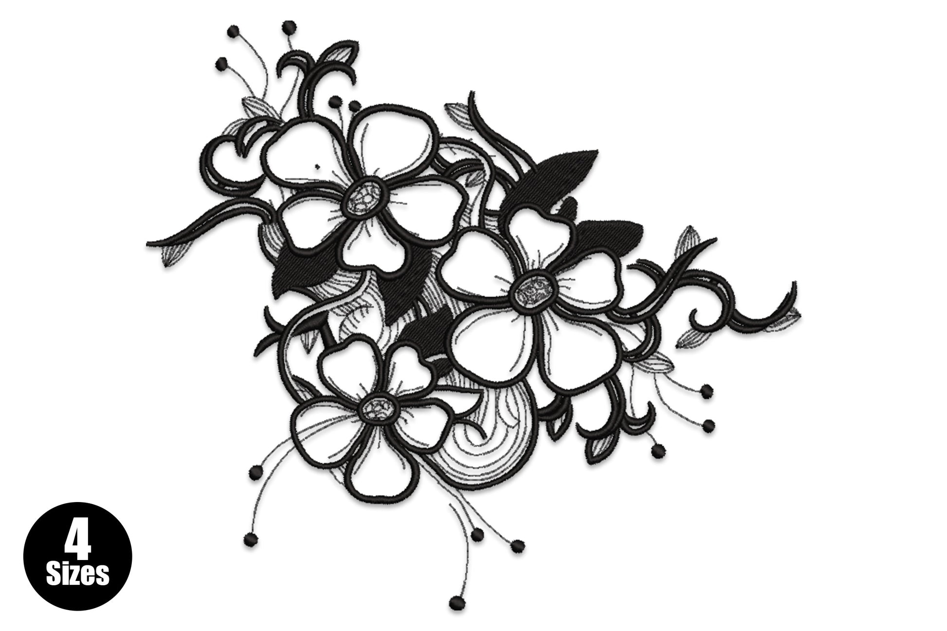 Elegant black floral line art embroidery design with three open five-petal flowers, curling vine tendrils and crosshatch-shaded leaves.