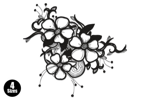 Elegant black floral line art embroidery design with three open five-petal flowers, curling vine tendrils and crosshatch-shaded leaves.
